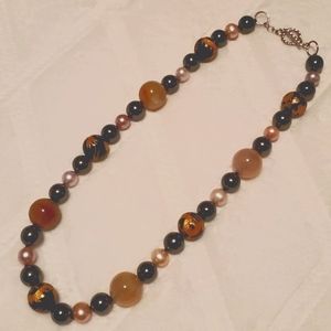 Multi stone neck with agate,hematite,pearl & painted porcelain beads,20 in,NWOT.